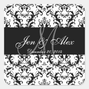 Carré Sticker Mariage damassé Blanc Noir Faveur