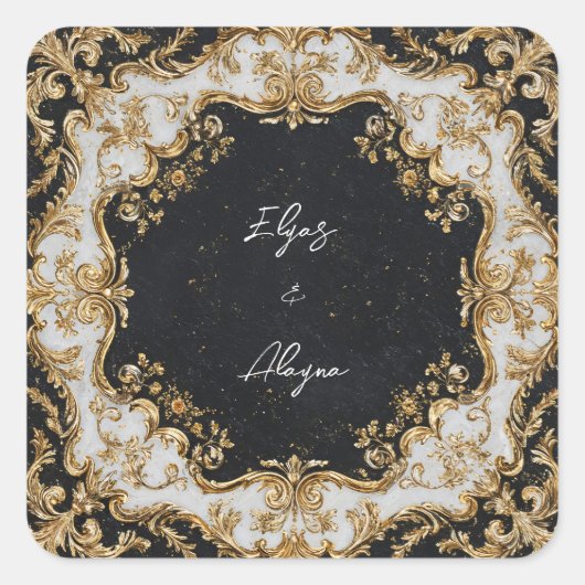 Carré Sticker Mariage de cadre Rococo noir et or (Devant)