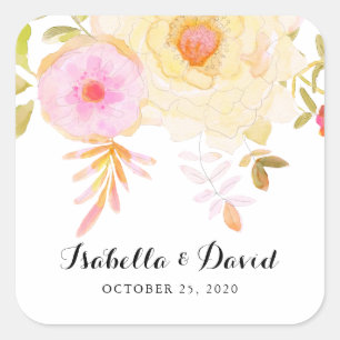 Carré Sticker Mariage de fleurs d'aquarelle jaune et ros