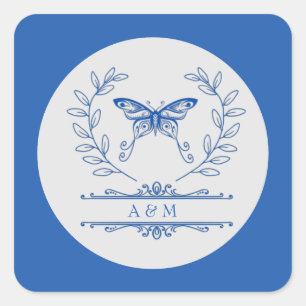 Carré Sticker Mariage Monogramme Papillon Bleu