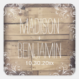 Carré Sticker Mariage Rustique Personnalisé Bois