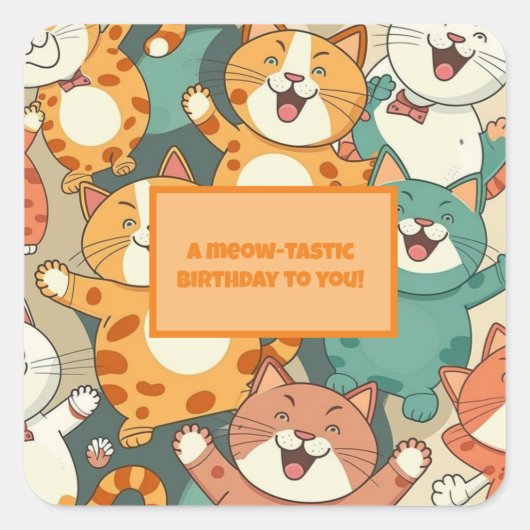 Carré Sticker "Meow-tastic Birthday" avec Happy Cats (Devant)