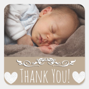 Carré Sticker Merci Brown avec la photo de votre bébé
