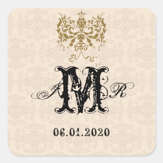 Carré Sticker Monogramme crème et or Damask (Devant)