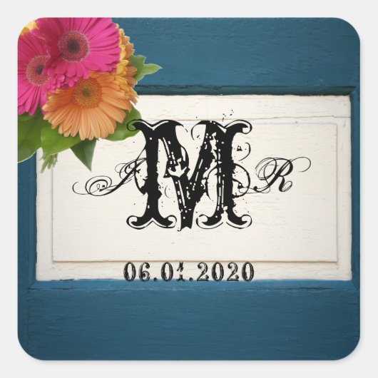 Carré Sticker Monogramme en bois peint rustique (Devant)