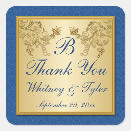 Carré Sticker Monogramme Floral Bleu et Or (Devant)