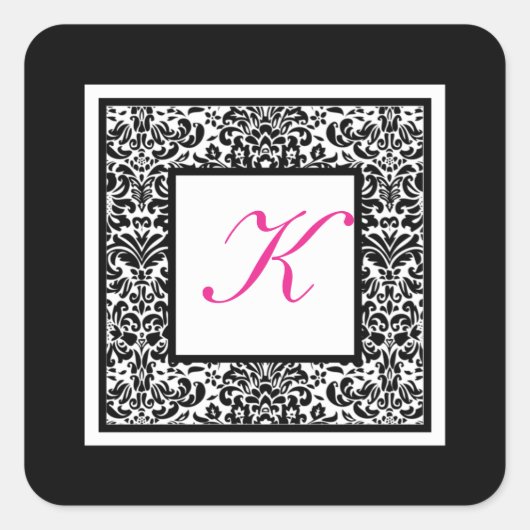 Carré Sticker monogramme noir, blanc et rose Damas (Devant)