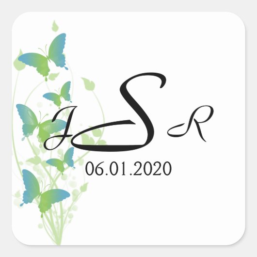 Carré Sticker Monogramme Vine Papillon bleu et vert (Devant)