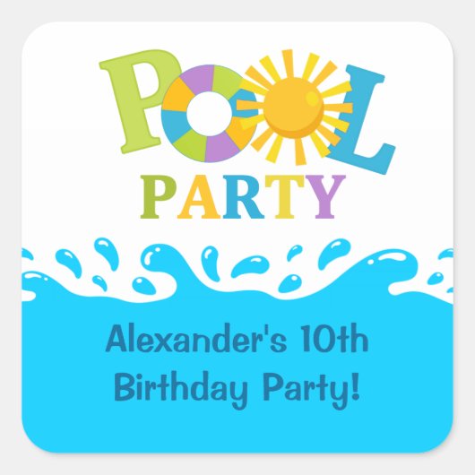 Carré Sticker pour la fête d'anniversaire de la piscine (Devant)