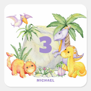 Carré Sticker pour le 3ème anniversaire de Cute Dinosaur