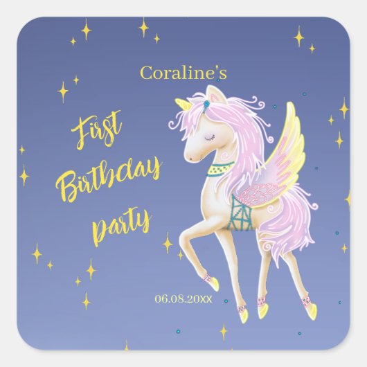 Carré Sticker pour le premier anniversaire avec licorne  (Devant)