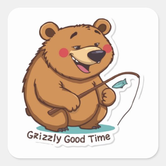 Carré Sticker pour ours Grizzly - Bonne période de pêche (Devant)