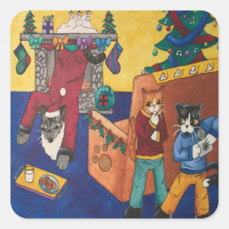Carré Sticker rectangulaire père Noël Surprise Cats