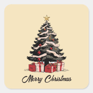 Carré Sticker rétro Joyeux Arbre de Noël
