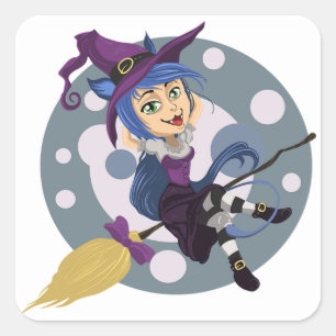 Carré Sticker rond Halloween classique/sorcière mignonne