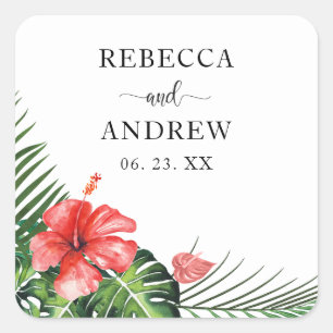 Carré Sticker rond Mariage Tropical Hibiscus Rouge