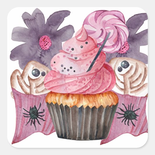 Carré Sticker Rose avec Gâteau et Araignées (Devant)