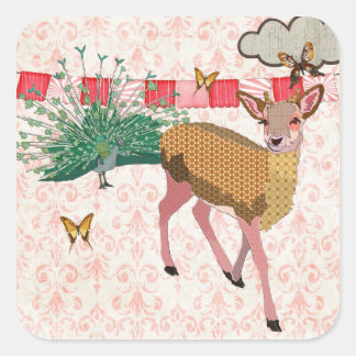 Carré Sticker rose Rose doré cerf et paon