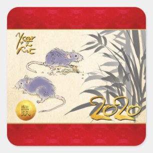 Carré Tableau original en bambou Rats Sticker de 2020 m