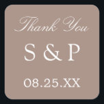 Carré Taupe Mariage Favor Sticker Merci<br><div class="desc">Taupe Wedding Favor Sticker Merci,  s'il vous plaît personnaliser avec les initiales du couple et la date du mariage,  en utilisant le modèle de personnalisation en ligne avant de commander.</div>