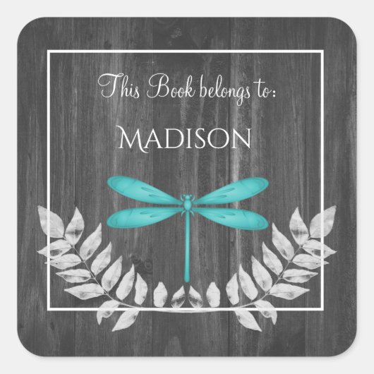 Carré Teal Dragonfly Rustic Book Sticker (Devant)