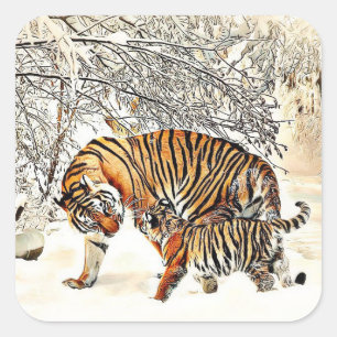 Carré Tiger et son bébé Sticker Snowy Woods Jour d'hiver