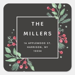 Carré Winter Berries Greenery Retourner Adresse Sticker