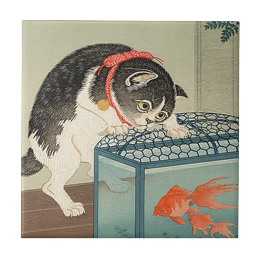 Carreau 猫と金魚, chat de 古邨 et poisson rouge, Koson, Ukiyo-e (Devant)