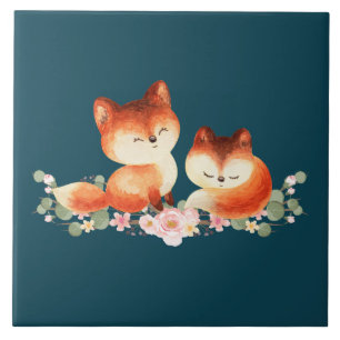 Carreau 2 mignons Petits Renards Rouges Aquarelle Design