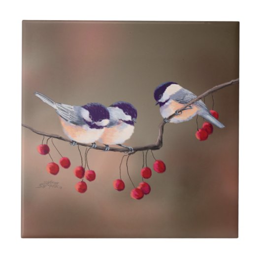 Carreau 3 CHICKADEES et BAIES ROUGES par SHARON SHARPE (Devant)