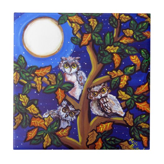 Carreau 3 Chouettes Moon Whimsical Folk Art Tile (Devant)