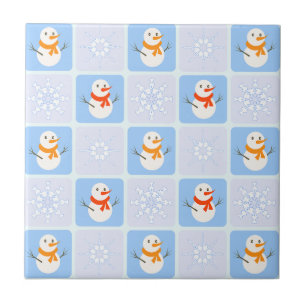 Carreau À damiers hiver bonhomme de neige motif et flocons