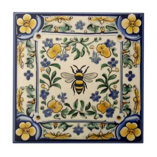Carreau Abeille de miel traditionnel Bleu Jaune Méditerran (Devant)