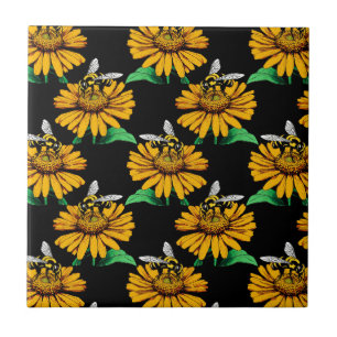 Carreau Abeille sur Tournesol Fleur Motif Design Noir