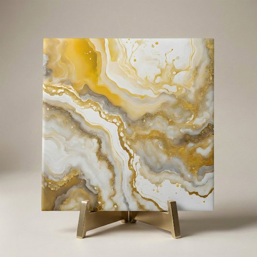Carreau Abstract Fluid Ink Art Gold and White Marble 