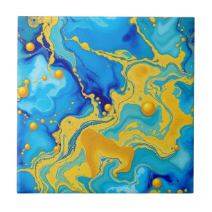 Carreau Abstrait à l'encre alcoolique bleue et or luxueux