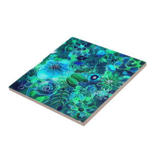 Carreau Abstrait Floral Turquoise Bleu Vert Feuilles Fleur