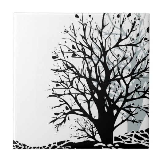 Carreau Abstrait moderne arbre noir silhouette ombre blanc (Devant)