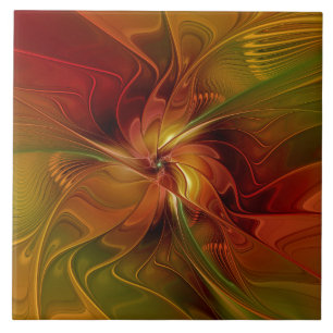 Carreau Abstrait Rouge Orange Brown Vert Fractal Art Flowe
