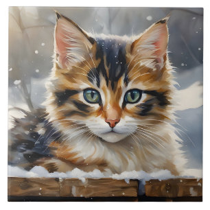 Carreau Adorable Calico Chat dans le Pose Portrait de Neig