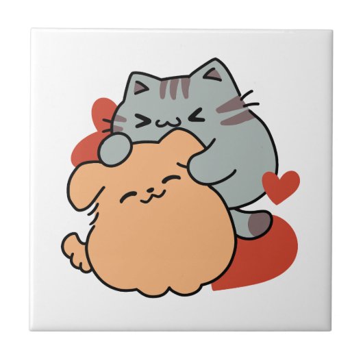 Carreau Adorable chat et chien Hug - Meow & Woof Design (Devant)