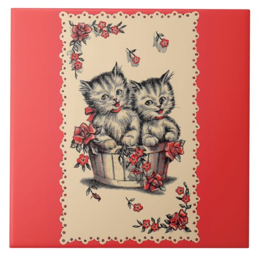 Carreau adorable chatons dans un panier de fleurs (Devant)