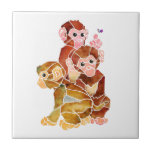 Carreau Affaires de singe<br><div class="desc">Dessin abstrait de trois singes. Le singe sur le dessus se dirige vers un papillon. Ceci a été coloré avec l'aquarelle.</div>