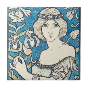 Carreau Affiche d'art vintage femme florale bleue Art Nouv