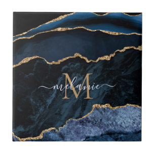 Carreau Agate Marine Blue Gold Gemstone Marble Nom du mono