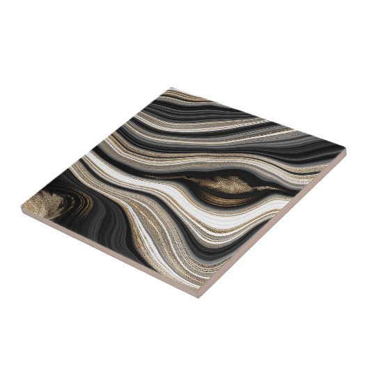 Carreau Agate Noir blanc et or fluide marbre moderne (Côté)