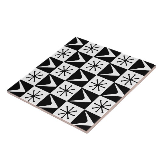 Carreau Âge atomique À damiers Boomerangs noir blanc (Côté)