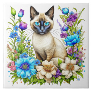 Carreau Ai Aquarelle Siamese Chat en Fleurs