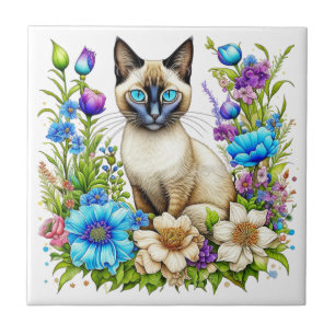 Carreau Ai Aquarelle Siamese Chat en Fleurs