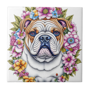 Carreau Ai Art Bulldog entouré de fleurs lunaires